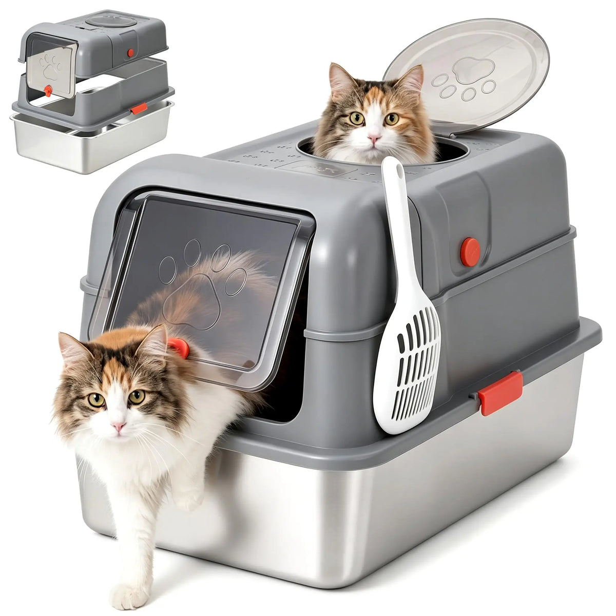 Enclosed Stainless Steel Litter Box With Lid Front Entry Top Exit