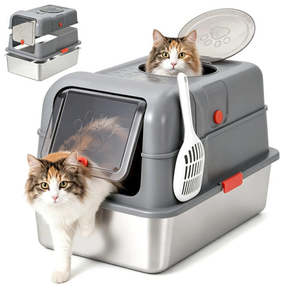 Enclosed Stainless Steel Litter Box With Lid Front Entry Top Exit