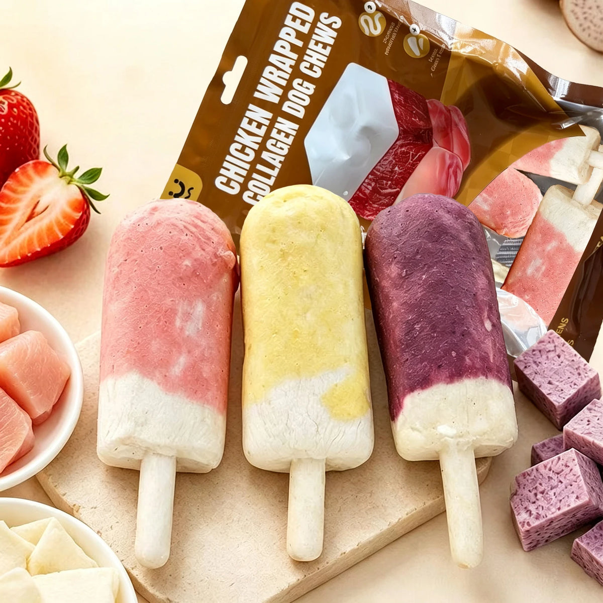 Chicken Wrapped Collagen Dog Chews - Ice Cream Glaze Flavor Dog Treat - Strawberry, Vanilla and Taro - Free Reward Snack for Dog